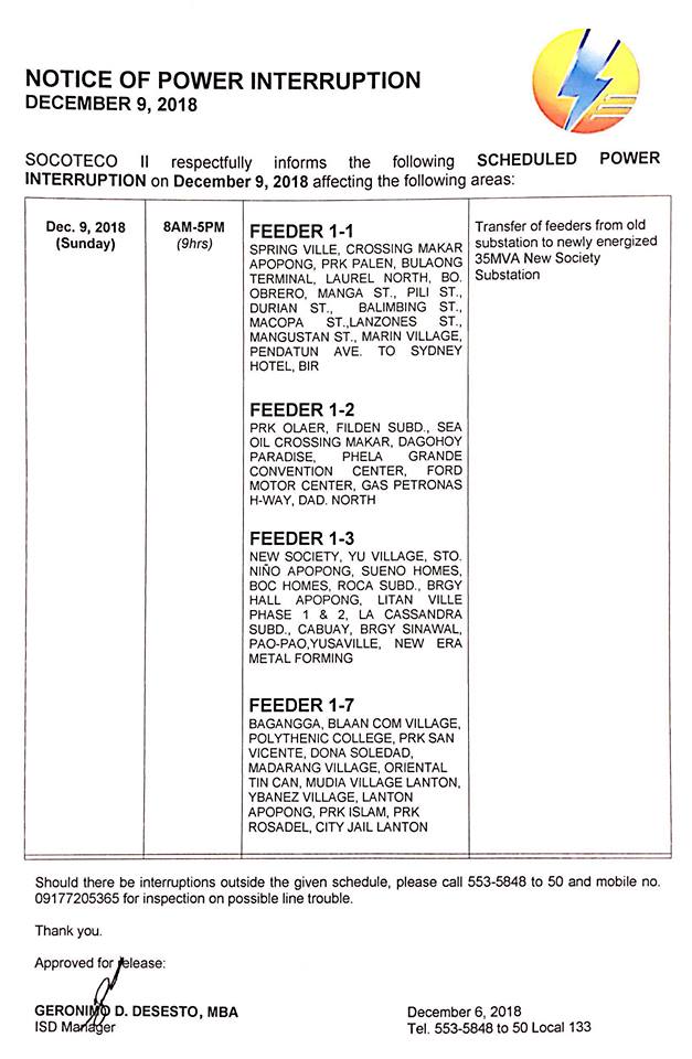 NOTICE OF POWER INTERRUPTION – DEC. 9, 2018