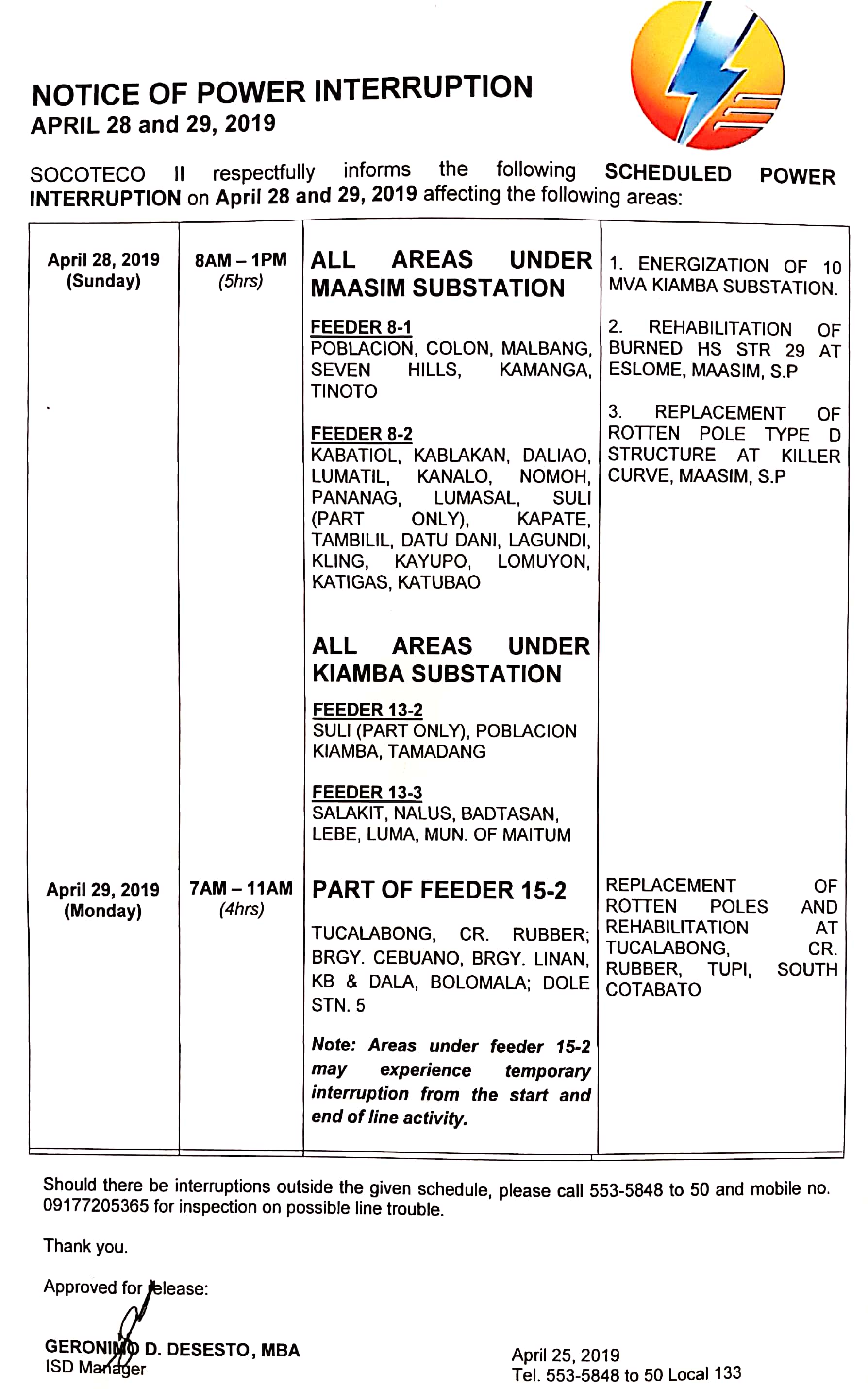 NOTICE OF POWER INTERRUPTION -APR. 28 and 29, 2019