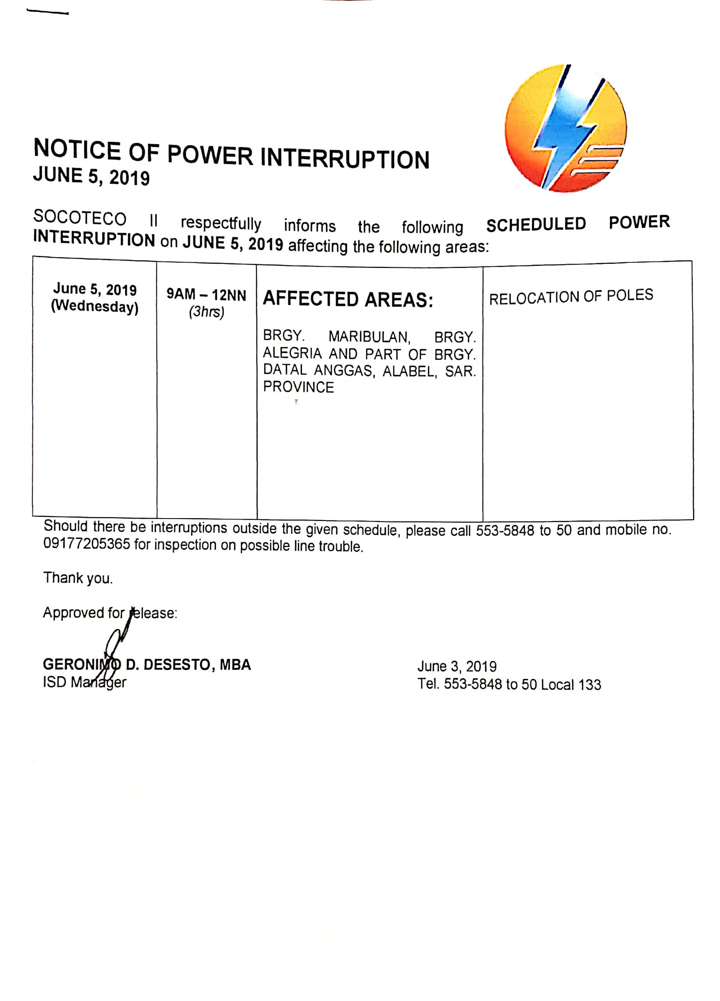 Notice of Power Interruption – JUNE 5, 2019