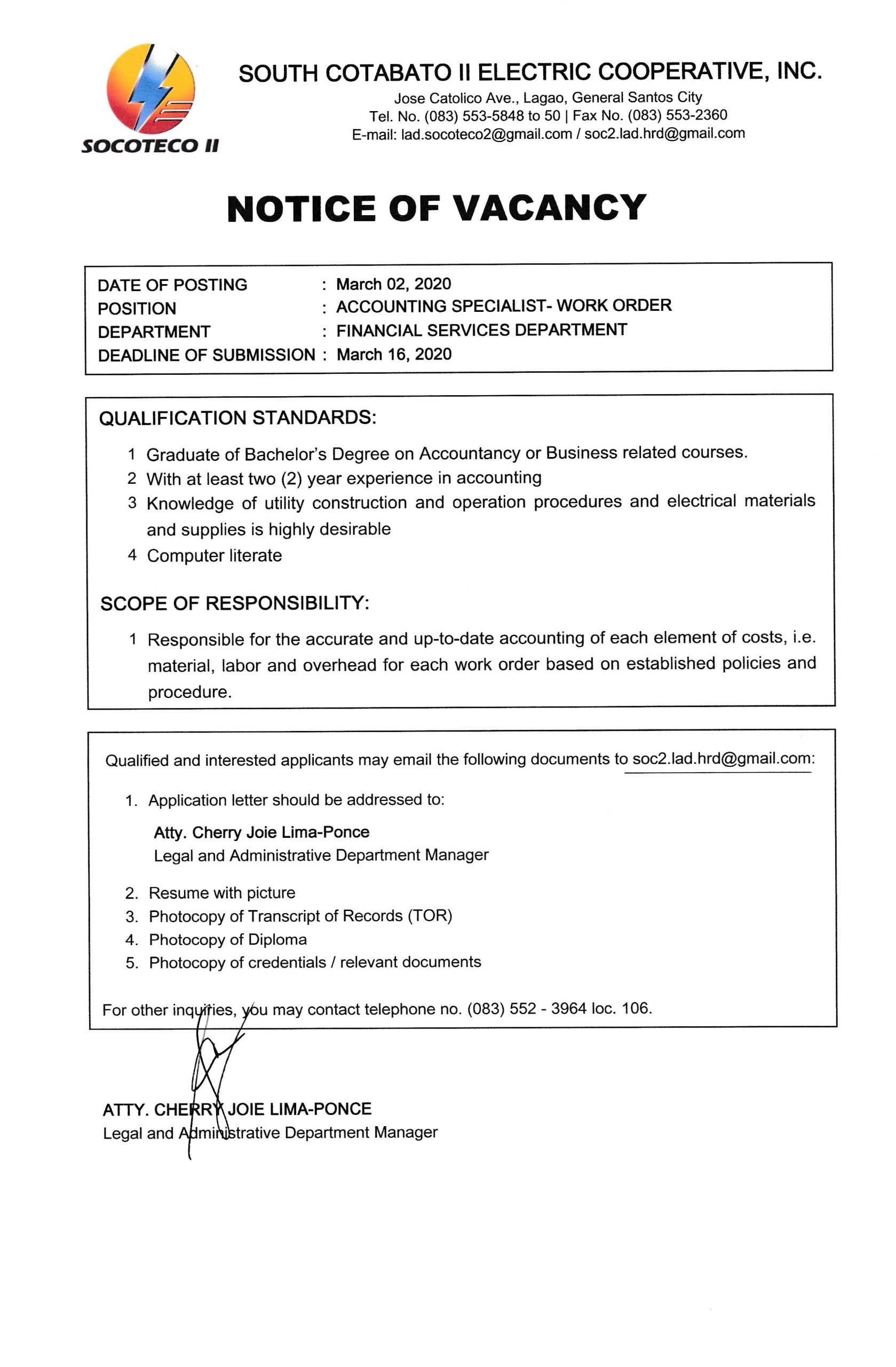 NOTICE OF JOB VACANCY Socoteco 2