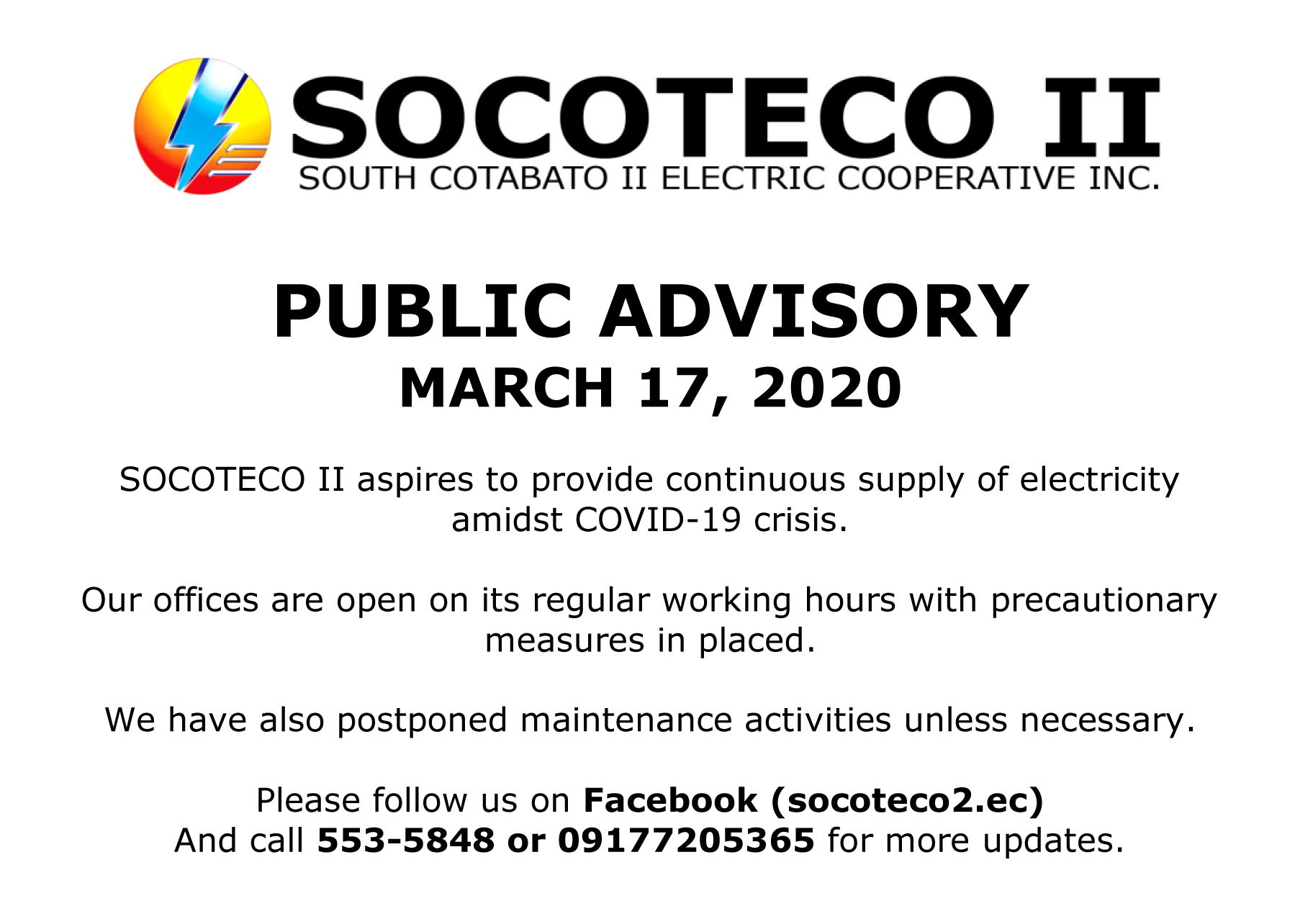 PUBLIC ADVISORY MARCH 17, 2020