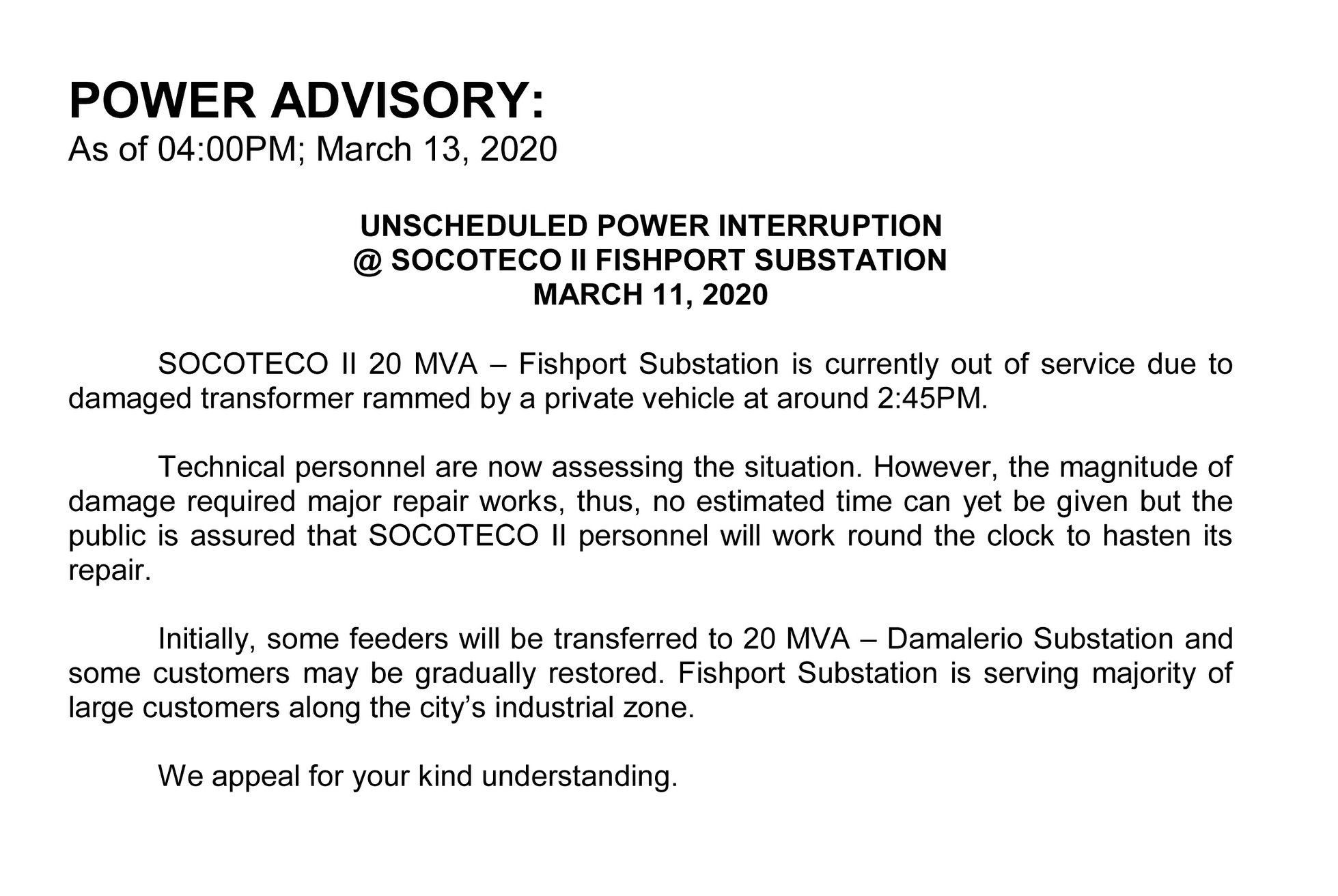 POWER ADVISORY: As of 04:00PM; March 13, 2020