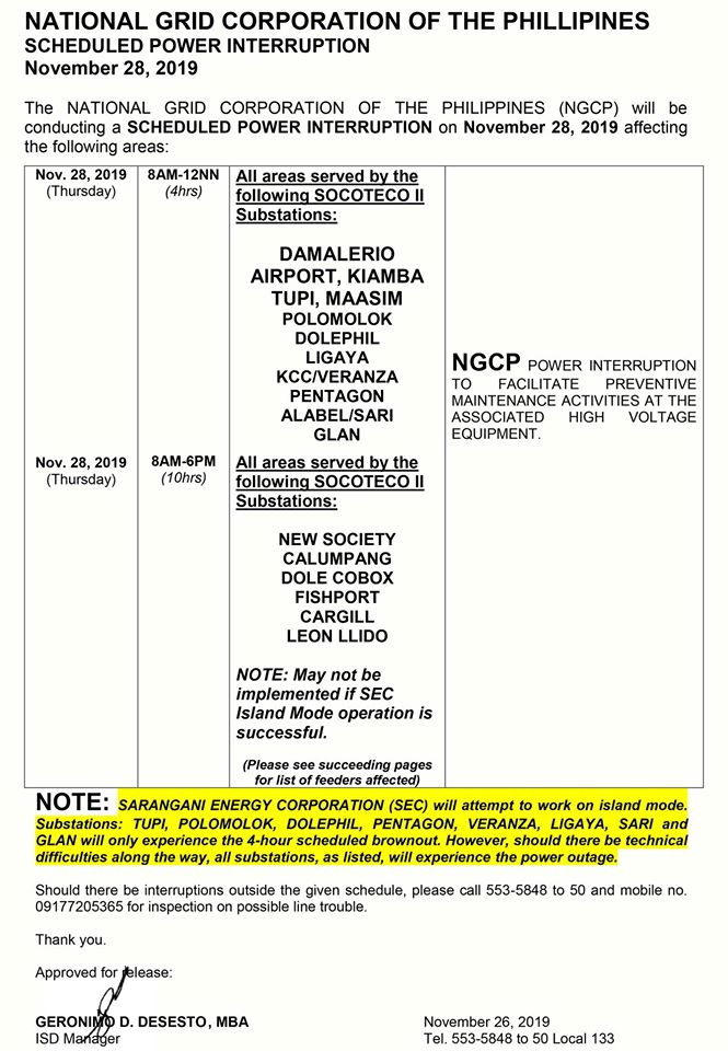 NATIONAL GRID CORPORATION OF THE PHILLIPINES SCHEDULED POWER INTERRUPTION November 28, 2019