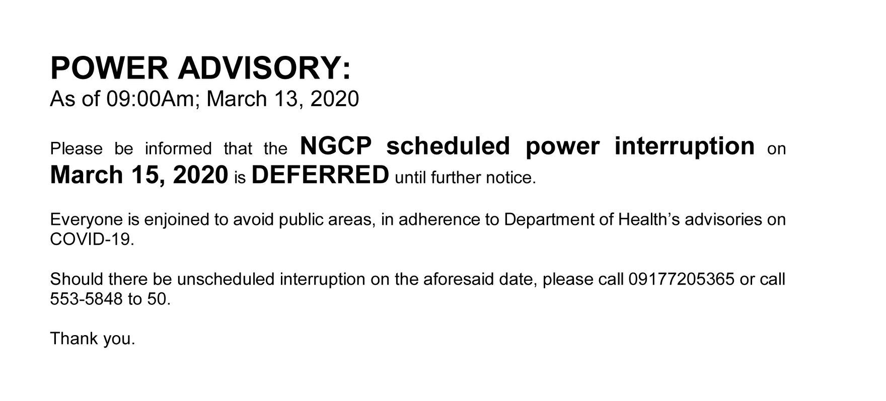 POWER ADVISORY: As of 09:00Am; March 13, 2020
