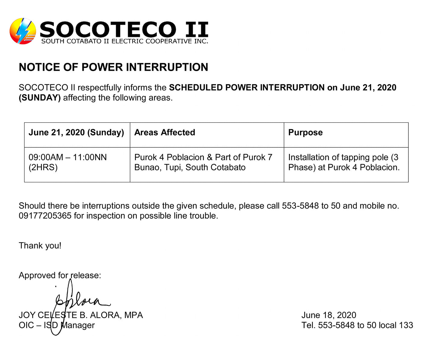 NOTICE OF POWER INTERRUPTION – June 21, 2020 (Sunday); 09:00AM – 11:00AM (2Hrs)