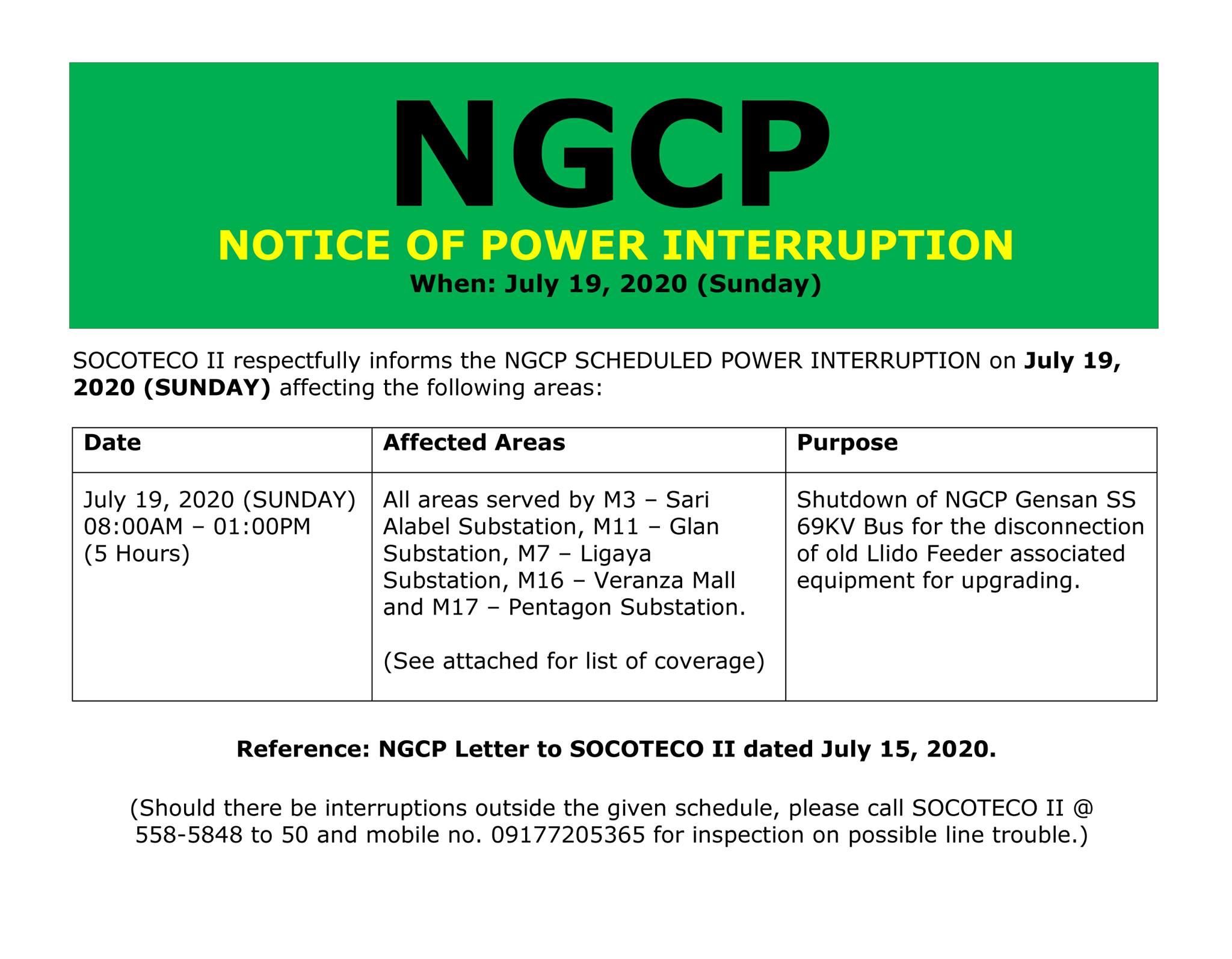 NOTICE OF NGCP POWER INTERRUPTION July 19, 2020 (Sunday)
