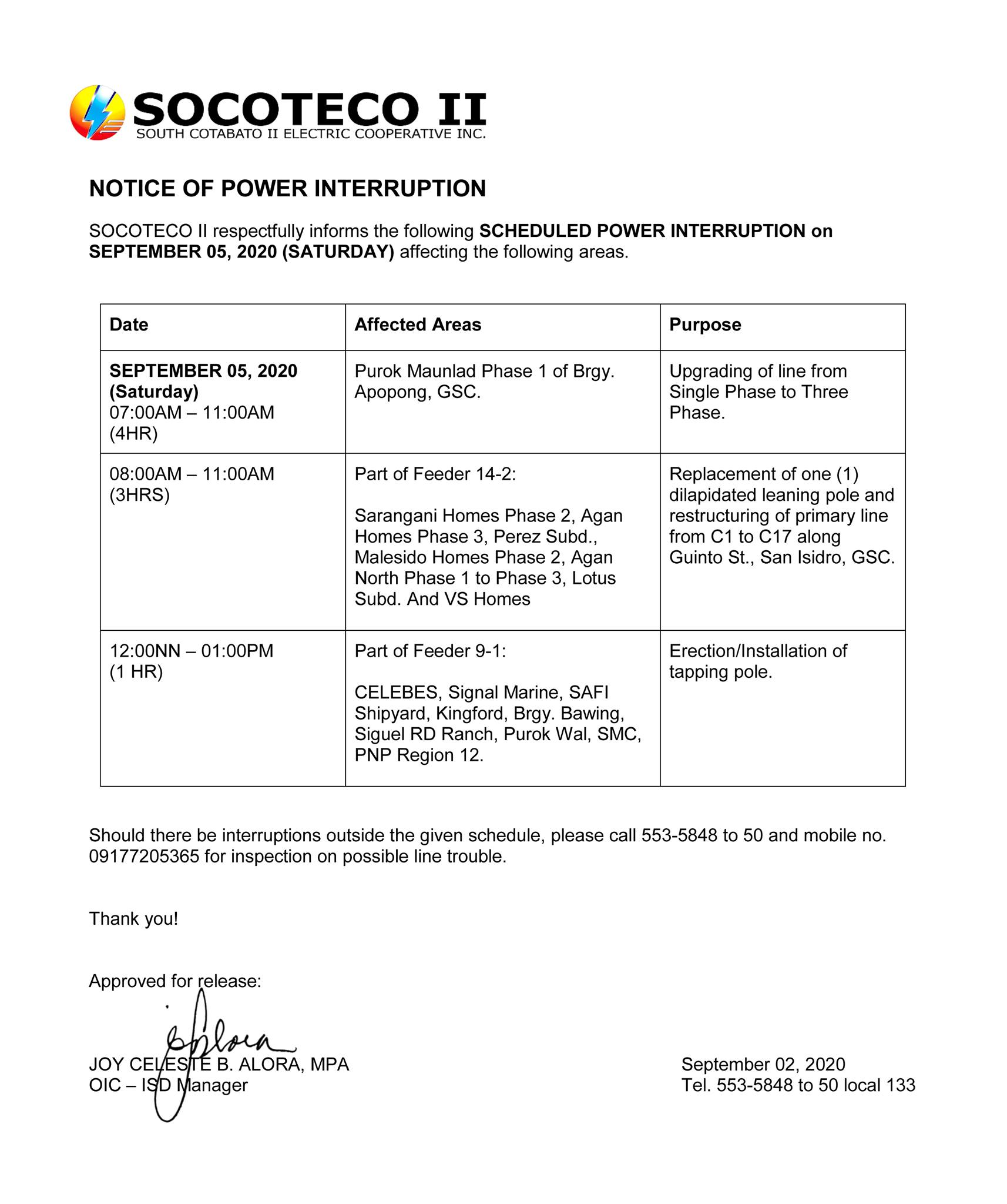 Amended: NOTICE OF POWER INTERRUPTION September 05, 2020