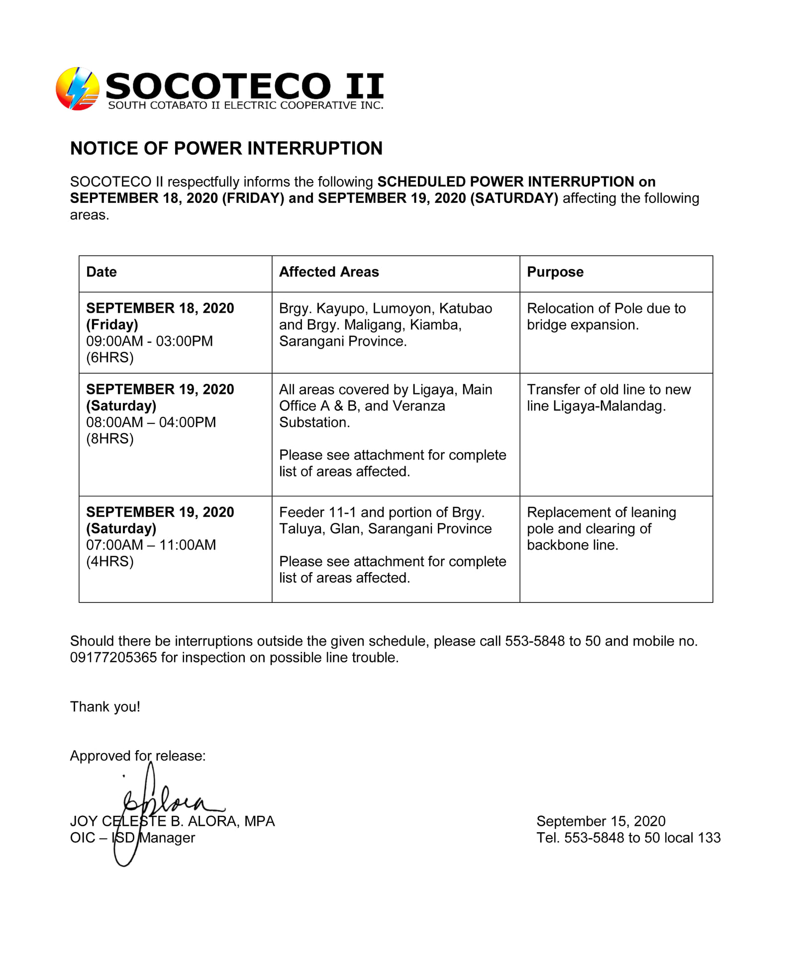 NOTICE OF POWER INTERRUPTION September 18 and 19, 2020