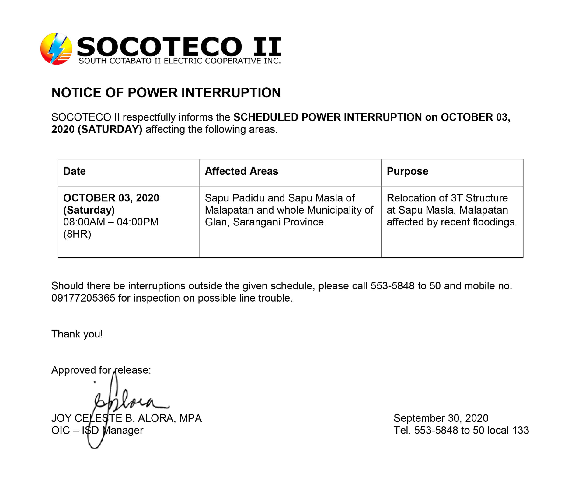 NOTICE OF POWER INTERRUPTION