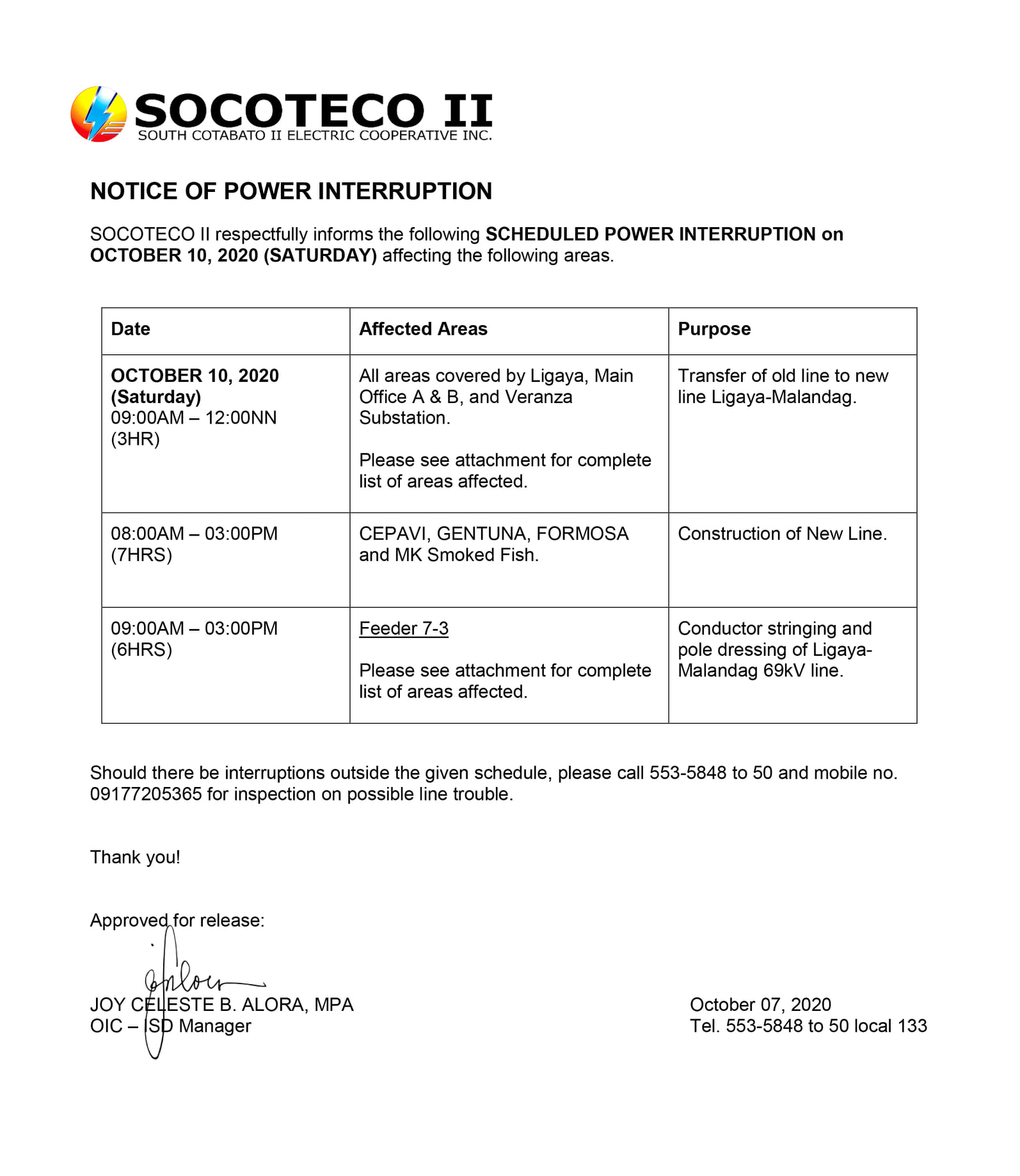 NOTICE OF POWER INTERRUPTION