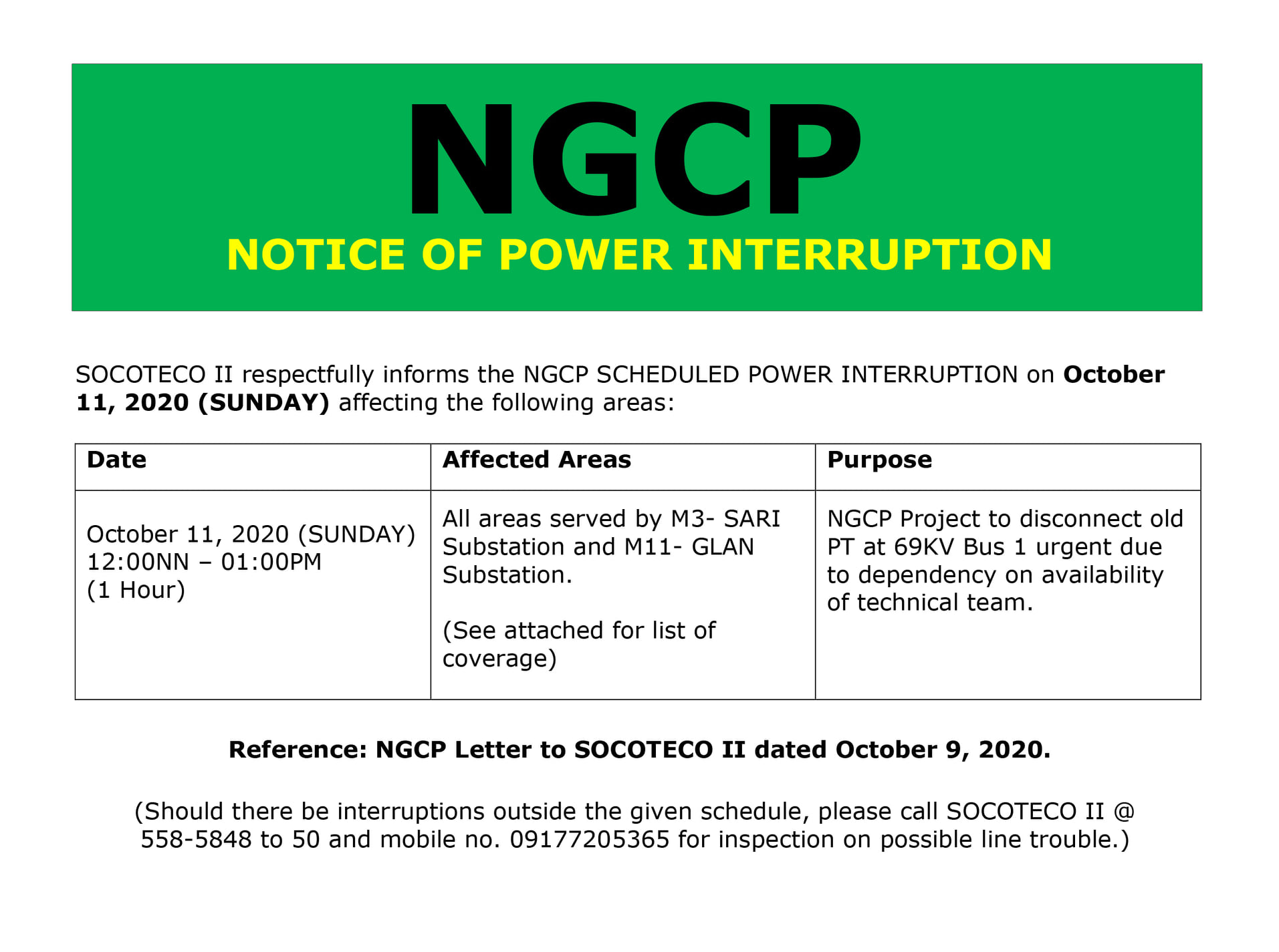 NGCP Notice of Power InterruptionOctober 11, 2020.